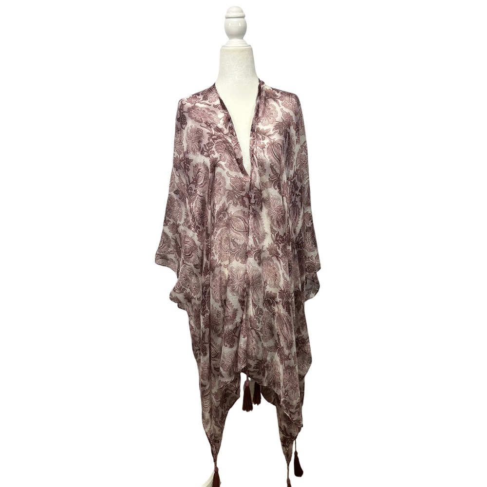 Boho Amanda Blu Womens OS Mauve Paisley Tassel Handkerchief Hem‎ Kimono Wrap